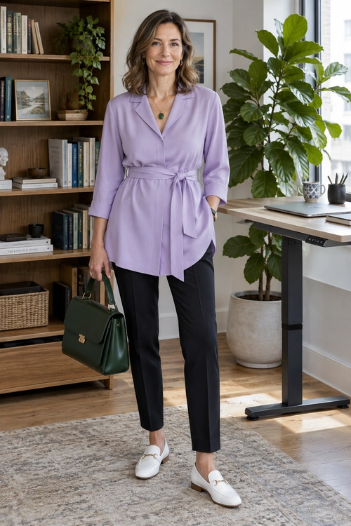 A lilac belted blouse paired with black ankle-length trousers, white loafers, and a dark green handbag.