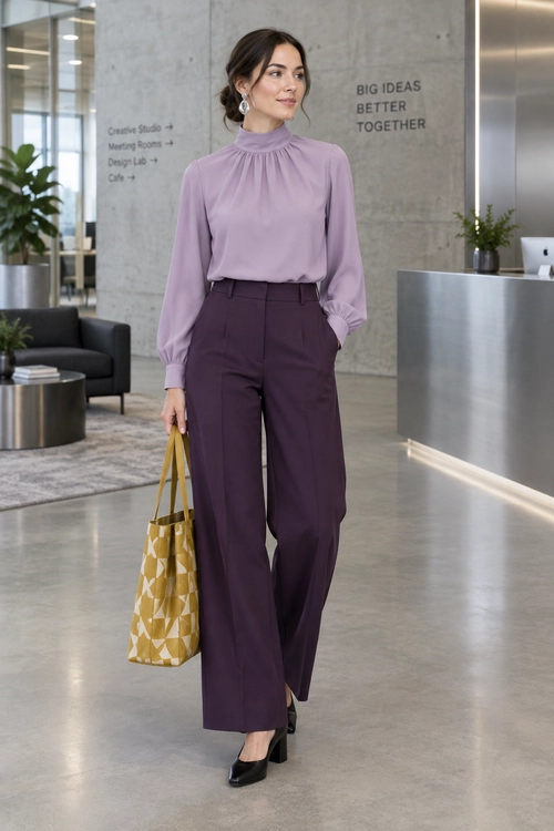 Lilac Blouse and Plum Trousers A lilac high-neck blouse is tucked into plum wide-leg trousers, with black pumps, a mustard-yellow patterned tote, and drop earrings.
