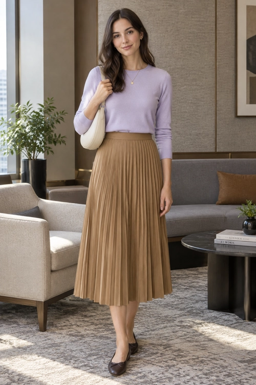 Lilac Sweater and Pleated Skirt A lilac long-sleeve sweater is paired with a tan pleated midi skirt, cream shoulder bag, pendant necklace, and brown flats.