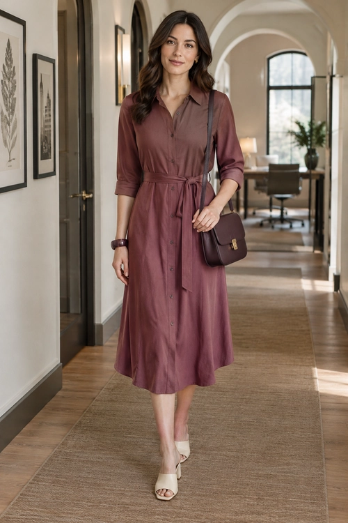 Mauve Belted Shirt Dress A mauve button-front shirt dress with a tie waist, cream sandals, a dark crossbody bag, and a matching bracelet.