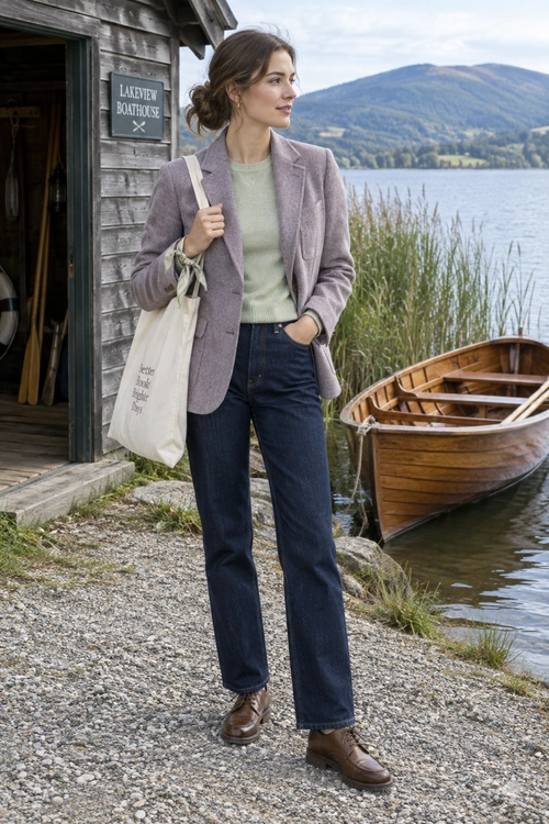 A mauve blazer over a pale green sweater with dark straight-leg jeans, brown lace-up shoes, and a cream canvas tote.