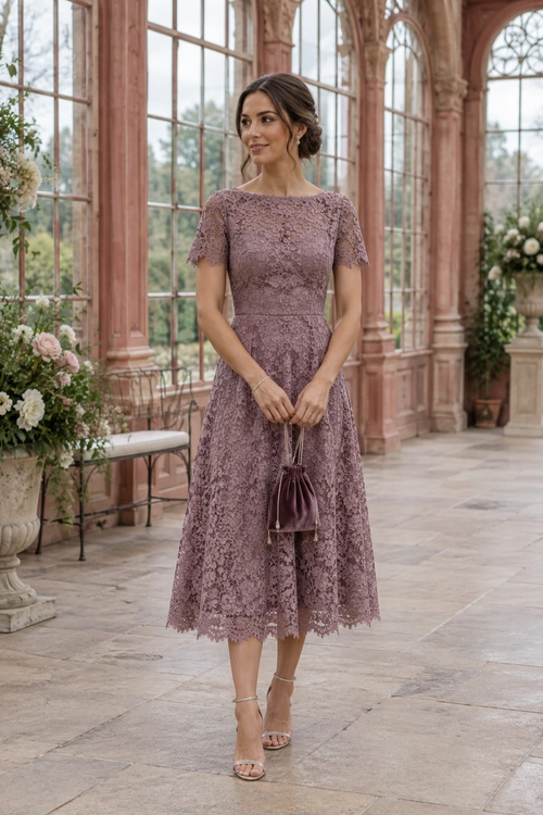 Mauve Lace Midi Dress A woman wears a mauve lace midi dress with short sleeves, nude strappy heels, and a small plum drawstring bag.