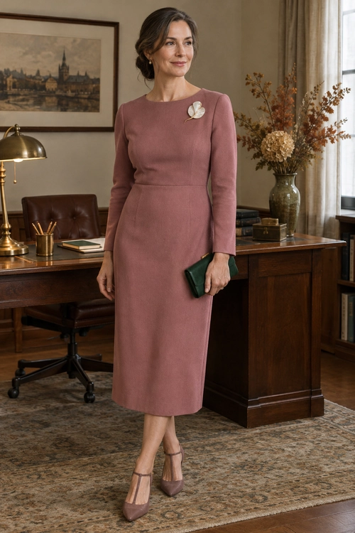 Mauve Midi Dress with Green Clutch A woman wears a dusty mauve long-sleeved midi dress with a light-colored brooch, a dark green clutch, and matching ankle-strap heels.