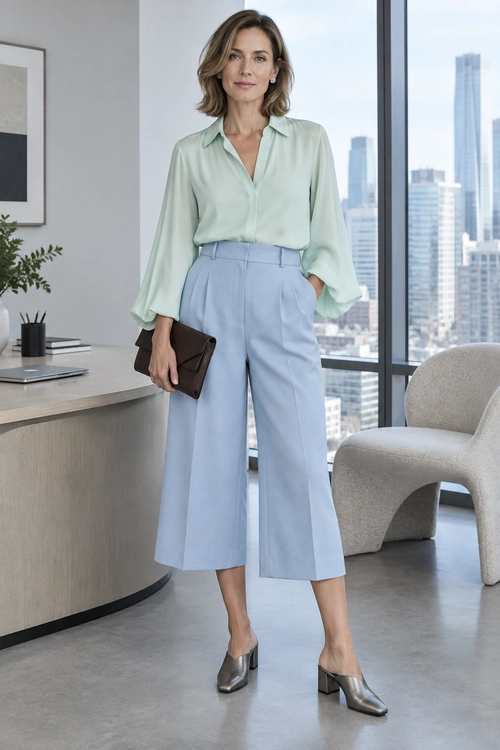 Mint Blouse and Blue Cropped Trousers A mint blouse tucked into pale blue cropped wide-leg trousers, styled with silver heels and a dark brown clutch.