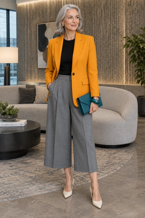 A mustard blazer and black top are paired with cropped gray wide-leg trousers, ivory pointed heels, and a teal clutch.