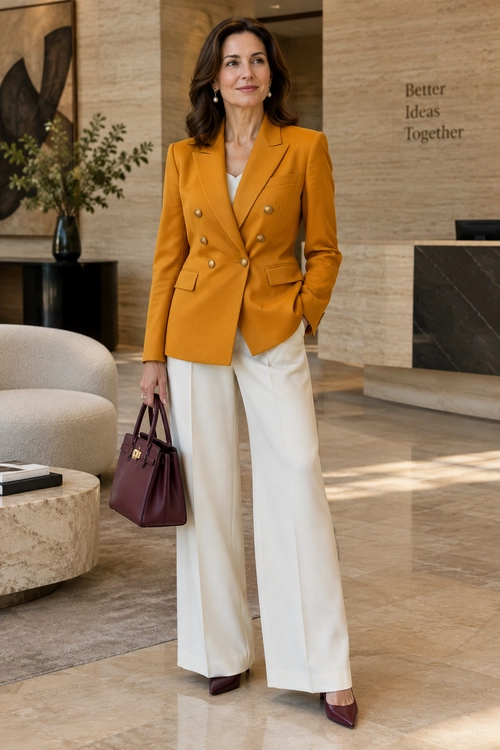 A mustard double-breasted blazer is paired with a white top, ivory wide-leg trousers, burgundy heels, a burgundy handbag, and pearl drop earrings.