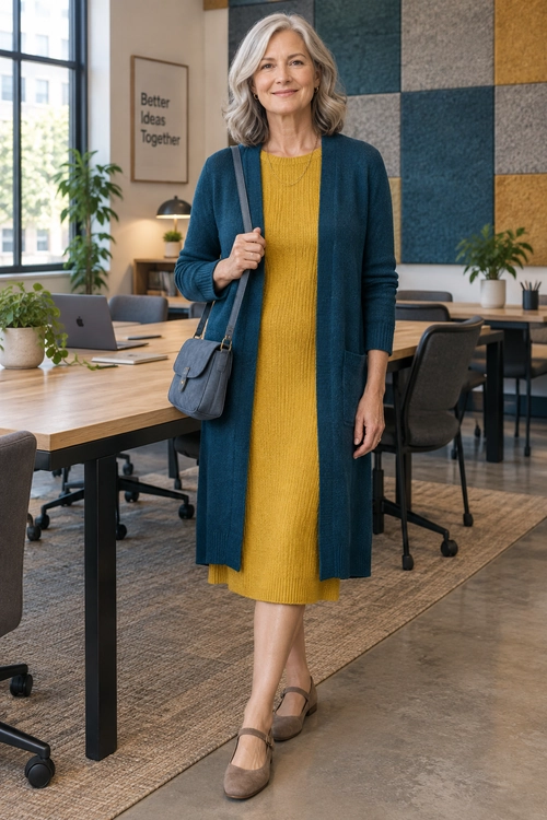 A mustard-yellow midi dress is layered with a long teal cardigan and paired with taupe flats and a blue-gray shoulder bag.