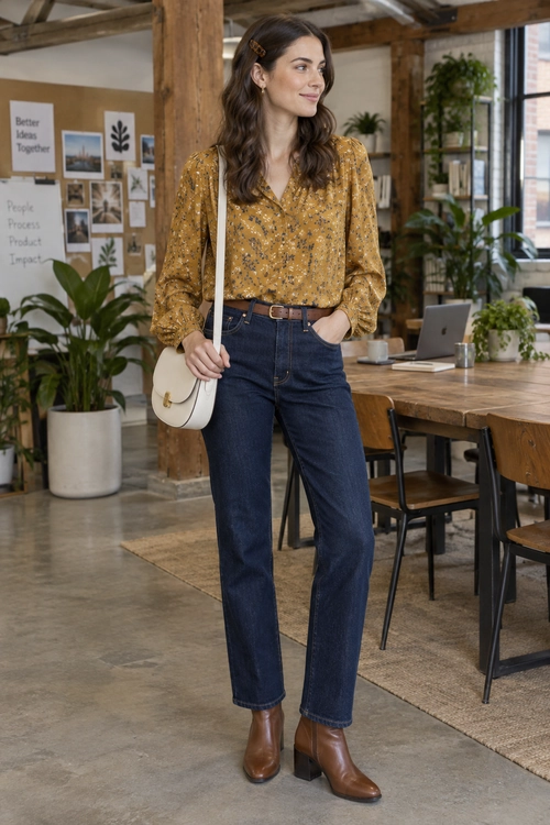 A mustard floral-print blouse is tucked into dark blue jeans and paired with brown ankle boots and a cream crossbody bag.