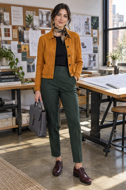Mustard Jacket and Green Trousers A mustard button-front jacket and black top paired with dark green trousers, a patterned neck scarf, a gray handbag, and burgundy lace-up shoes.
