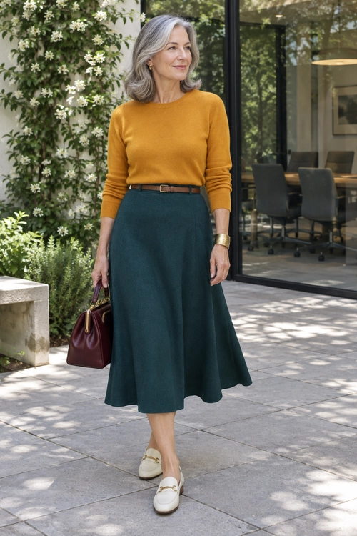 A mustard long-sleeve sweater is tucked into a dark teal midi skirt, styled with a brown belt, cream loafers, a burgundy handbag, and gold jewelry.