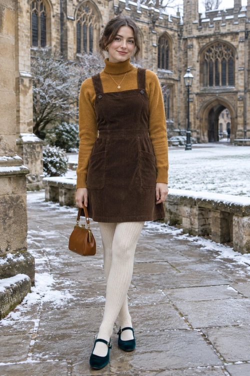 A mustard turtleneck sweater layered under a brown corduroy pinafore dress, with cream tights, dark Mary Jane shoes, a brown handbag, and a delicate necklace.