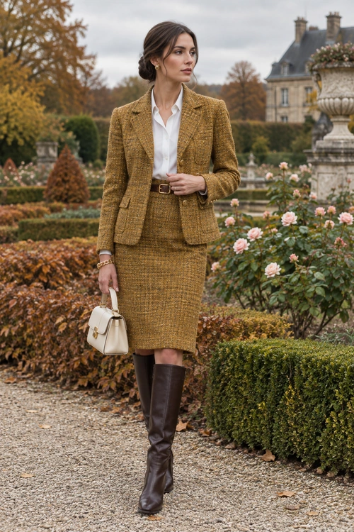 Mustard Tweed Suit with Knee-High Boots A mustard tweed blazer and matching skirt paired with a white blouse, brown knee-high boots, and a cream handbag.