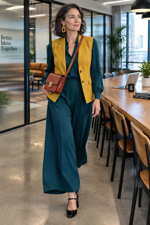 Mustard Vest and Teal Trousers A mustard-yellow sleeveless tailored vest layered over a teal button-front blouse and wide-leg trousers, with a rust-colored crossbody bag, gold earrings, and black ankle-strap heels.