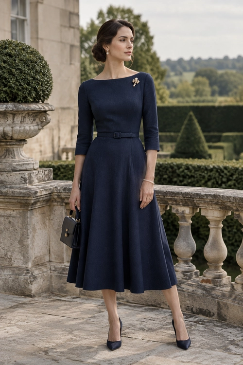 A navy three-quarter-sleeve midi dress with a matching belt and brooch, styled with dark heels and a small handbag.