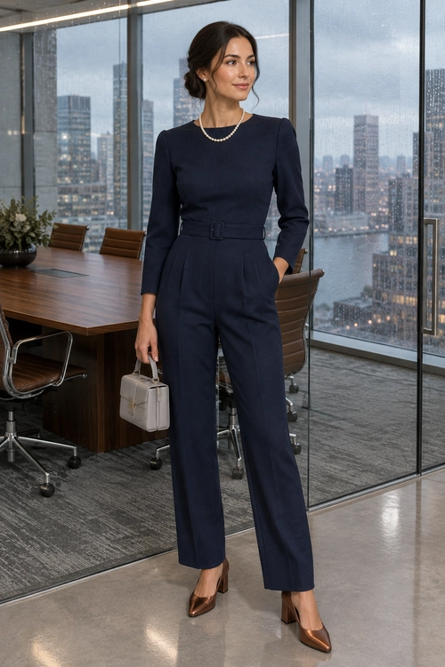 Navy Belted Jumpsuit A navy long-sleeved belted jumpsuit styled with a pearl necklace, a light gray handbag, and brown pointed-toe heels.