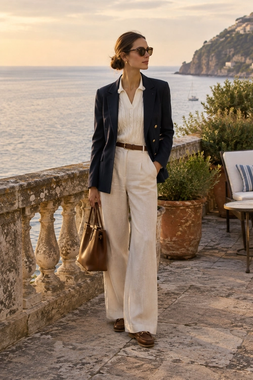 Coastal Classic Outfit A navy blazer and ivory knit top are paired with wide-leg cream trousers, a brown belt, loafers, sunglasses, and a leather handbag.