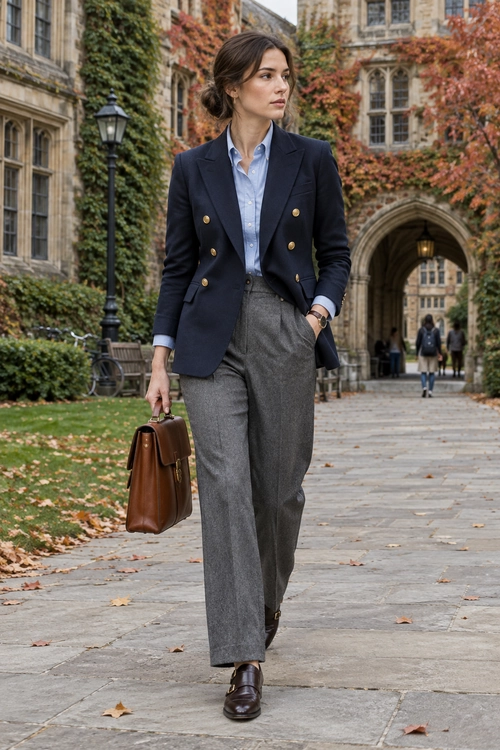 Classic Navy Blazer Outfit A woman wears a navy double-breasted blazer, light blue shirt, gray trousers, and brown leather accessories on a stone walkway.