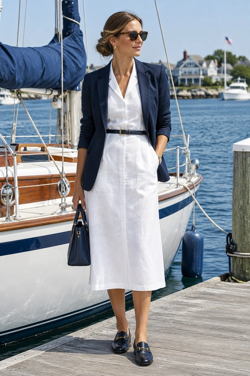 A white collared midi dress is styled with a navy blazer, slim black belt, dark loafers, sunglasses, and a matching handbag.
