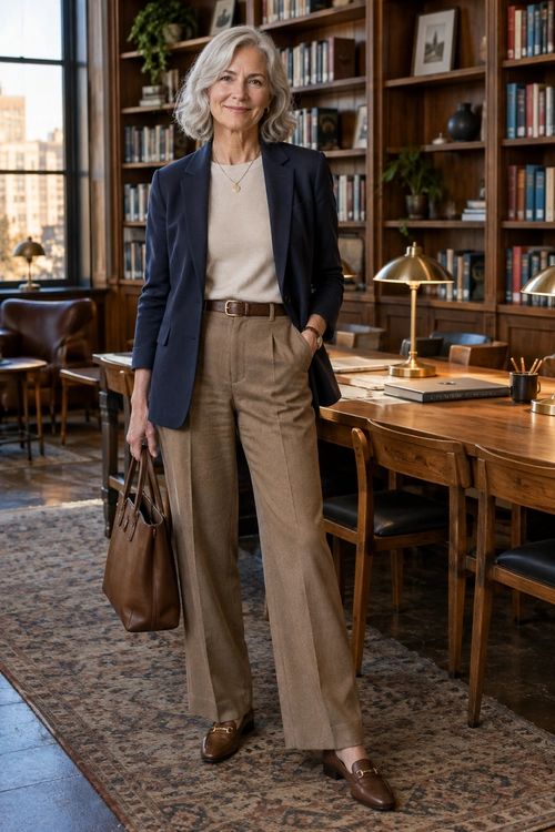 A navy blazer over a cream top with taupe wide-leg trousers, a brown belt, brown loafers, a necklace, a watch, and a brown tote bag.