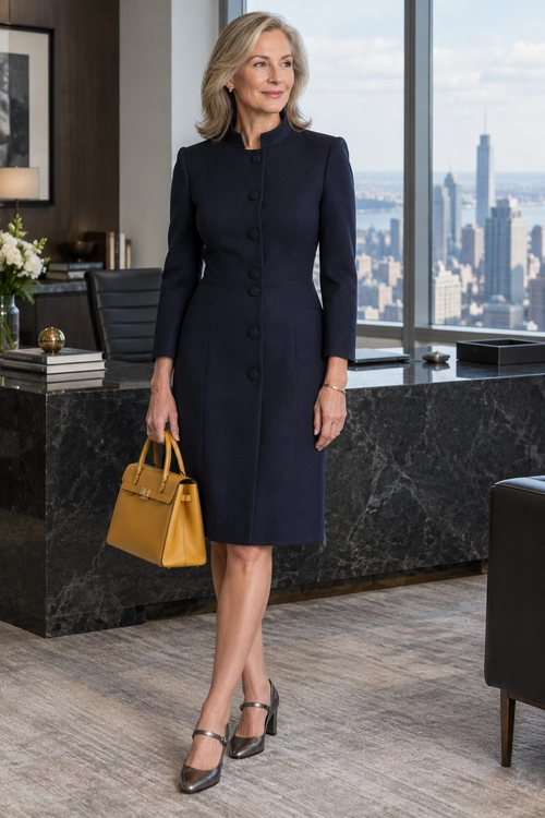 A navy long-sleeved button-front dress is paired with a mustard handbag and gray Mary Jane heels.