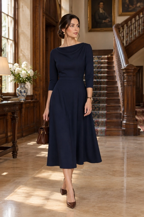 A woman wears a navy three-quarter-sleeve midi dress with brown pointed-toe pumps and a small brown handbag.