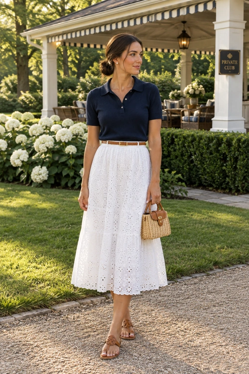 Navy Polo and White Eyelet Skirt A navy short-sleeve polo is tucked into a white eyelet midi skirt, styled with a tan belt, woven handbag, and flat sandals.