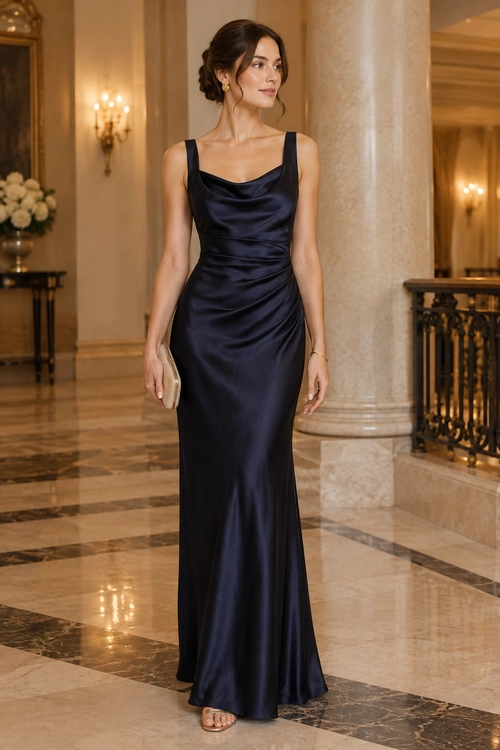 Navy Satin Evening Gown A floor-length navy satin gown with a draped neckline and gathered waist is paired with a small beige clutch and open-toe sandals.