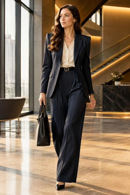 A woman wears a navy blazer and trousers with an ivory blouse, black belt, black handbag, and pointed heels.