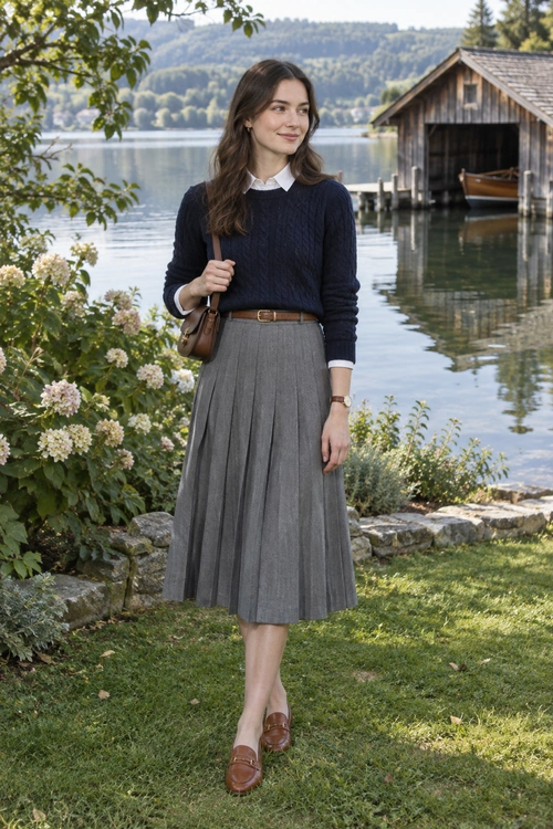 Navy Sweater and Pleated Skirt A navy cable-knit sweater layered over a white collared shirt with a gray pleated midi skirt, brown belt, shoulder bag, and loafers.