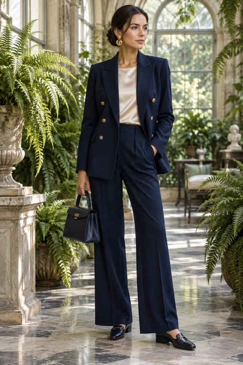 Navy Tailored Suit A navy double-breasted suit with wide-leg trousers is styled with an ivory top, black loafers, a structured handbag, and gold earrings.