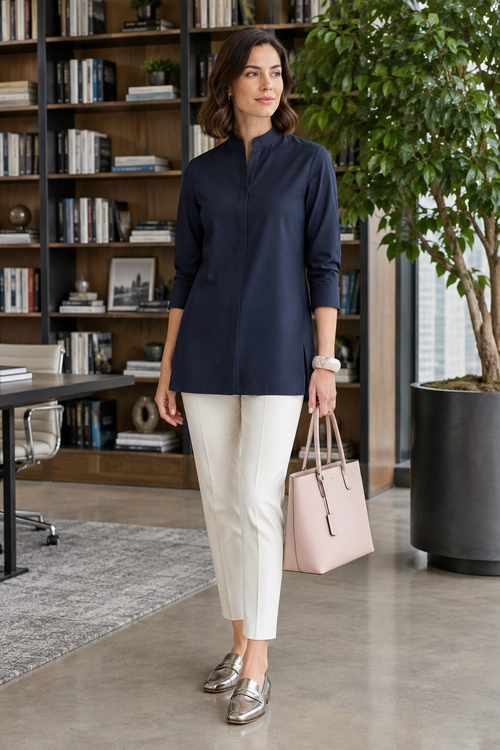 A navy tunic blouse and white ankle-length trousers are paired with silver loafers, a pale pink tote, and a white wrist accessory.