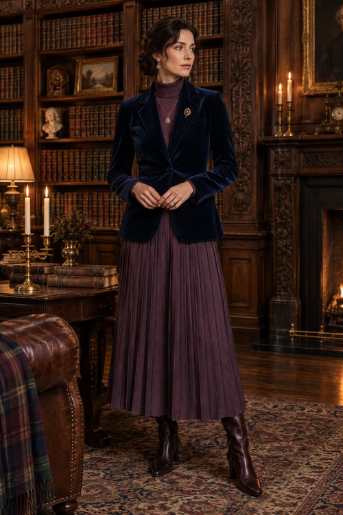 A navy velvet blazer and plum high-neck top are paired with a long pleated skirt, dark brown knee-high boots, and gold-tone jewelry.