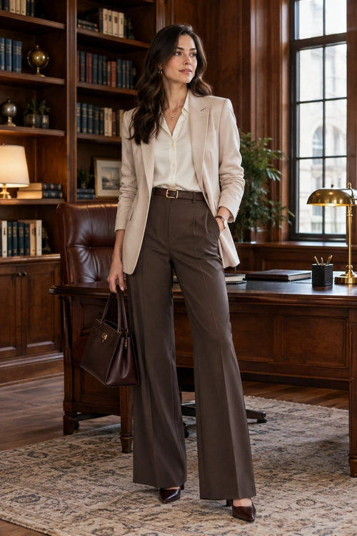 Neutral Blazer and Wide-Leg Trousers A checked brown blazer, cream top, ivory wide-leg trousers, and taupe scarf styled with a brown belt, tote, and beige flats.