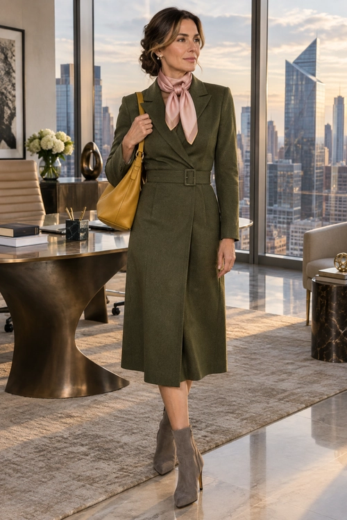 Olive Belted Coat Outfit A belted olive coat is styled with a pink neck scarf, a mustard shoulder bag, and taupe ankle boots.