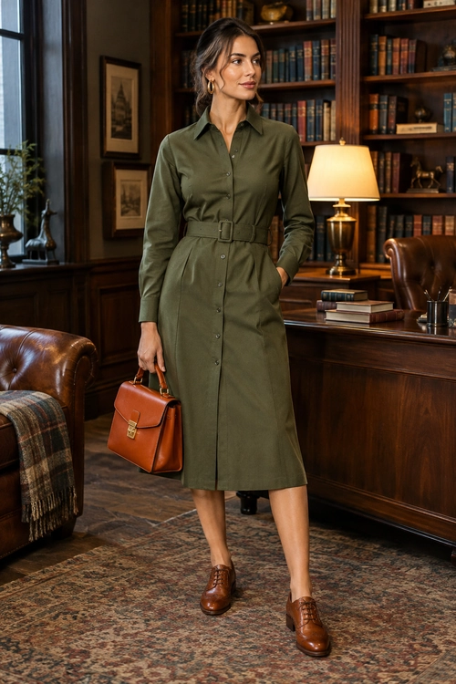 Olive Shirt Dress Outfit An olive green belted shirt dress styled with brown lace-up shoes, a structured brown handbag, and gold hoop earrings.