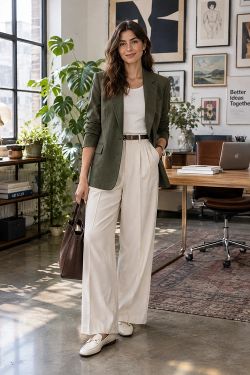 Olive Blazer and Wide-Leg Trousers An olive blazer and white top paired with cream wide-leg trousers, a brown belt, white loafers, and a brown tote bag.