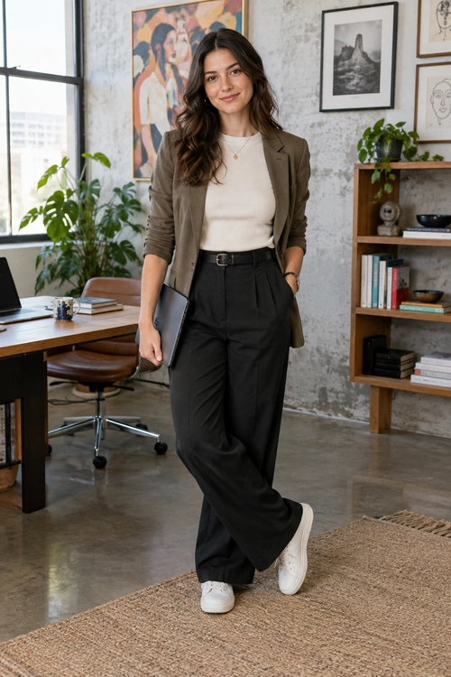 An olive-brown blazer and cream top paired with black wide-leg trousers, a black belt, and white sneakers.
