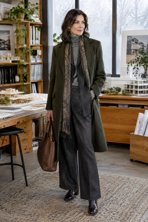 A woman wears a long olive coat over a gray turtleneck, dark vest, charcoal wide-leg trousers, and a patterned scarf, with a brown tote and dark ankle boots.