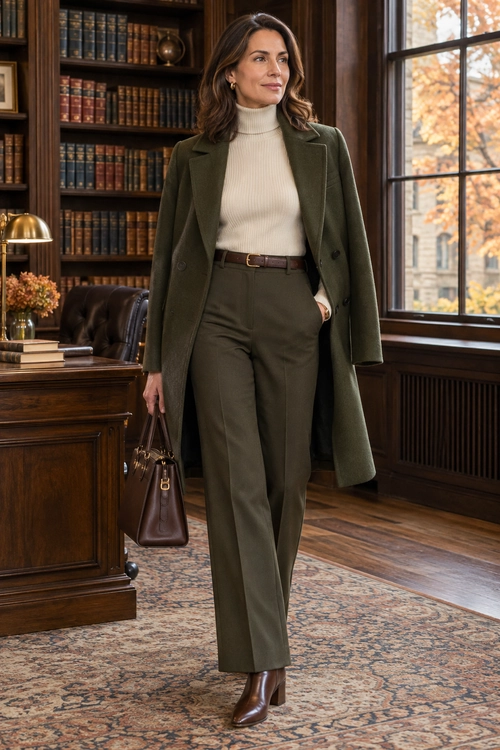 Olive Coat and Tailored Trousers An olive coat is layered over a cream ribbed turtleneck and tailored trousers, with brown ankle boots, a matching belt, and a structured handbag.