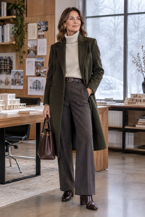 A dark olive long coat is layered over a cream turtleneck and charcoal wide-leg trousers, with brown ankle boots, a matching belt, and a leather handbag.