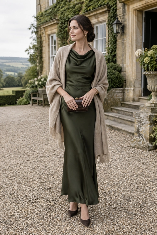 Olive Dress with a Beige Shawl A woman wears a floor-length olive green dress with a beige fringed shawl, black pointed heels, and a small dark clutch.