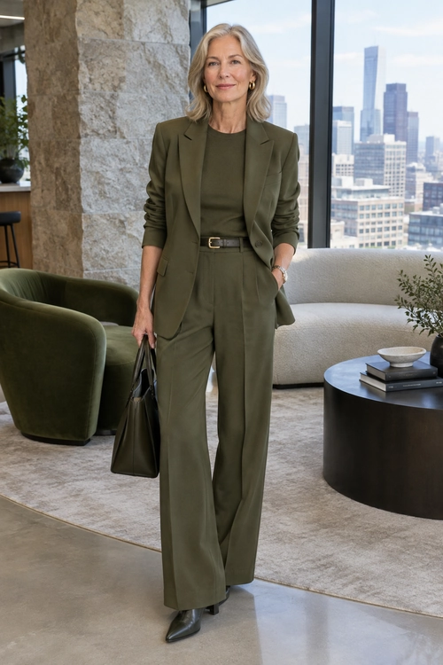An olive green blazer and wide-leg trousers are styled with a matching top, black belt, black handbag, and pointed ankle boots.