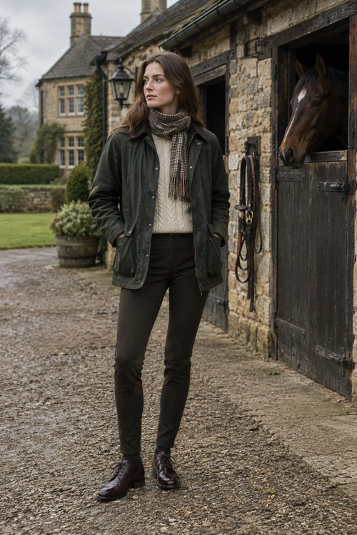 Country Outfit with an Olive Jacket A person wears an olive jacket over a cream sweater with a plaid scarf, dark trousers, and brown lace-up boots.