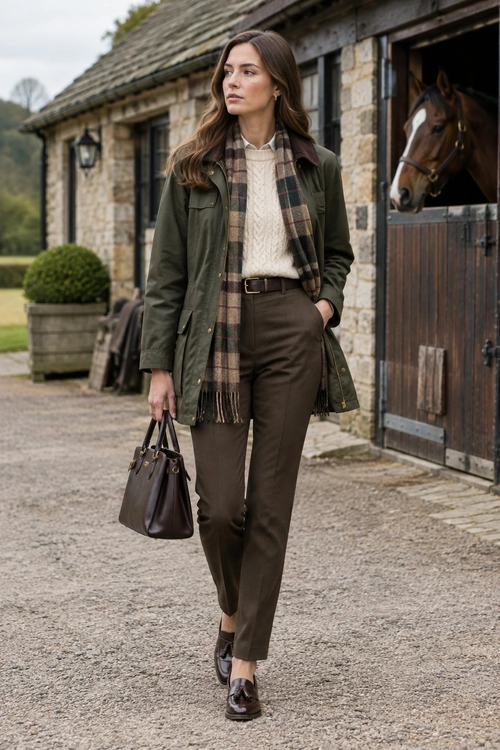 Layered Country Outfit An olive jacket is layered over a cream cable-knit sweater and white collared shirt, with a plaid scarf, brown trousers, loafers, and a dark brown handbag.