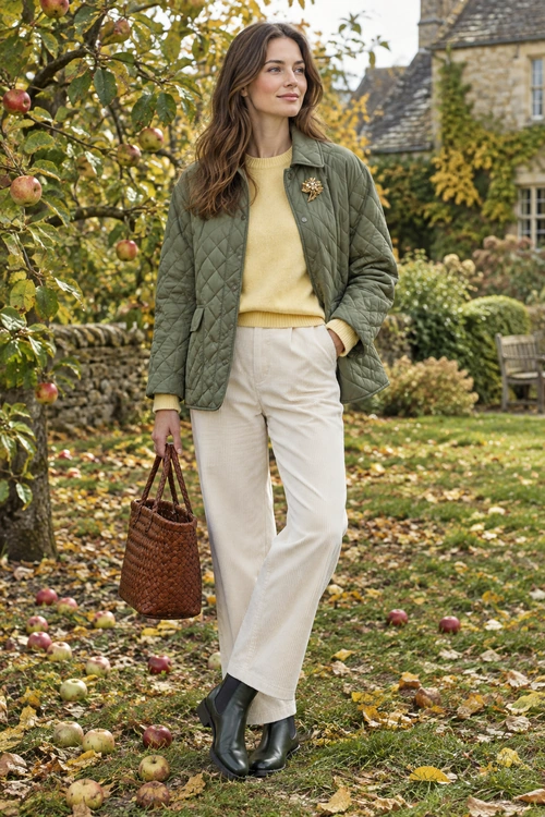 Quilted Jacket and Cream Trousers An olive quilted jacket over a pale yellow sweater and cream trousers, paired with black ankle boots, a brown woven handbag, and a gold brooch.