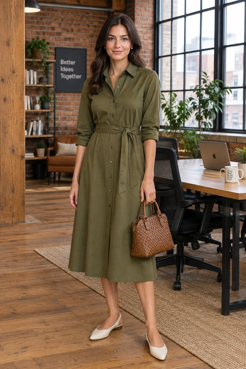 An olive-green button-front shirt dress with a tie waist is paired with cream flats and a brown woven handbag.