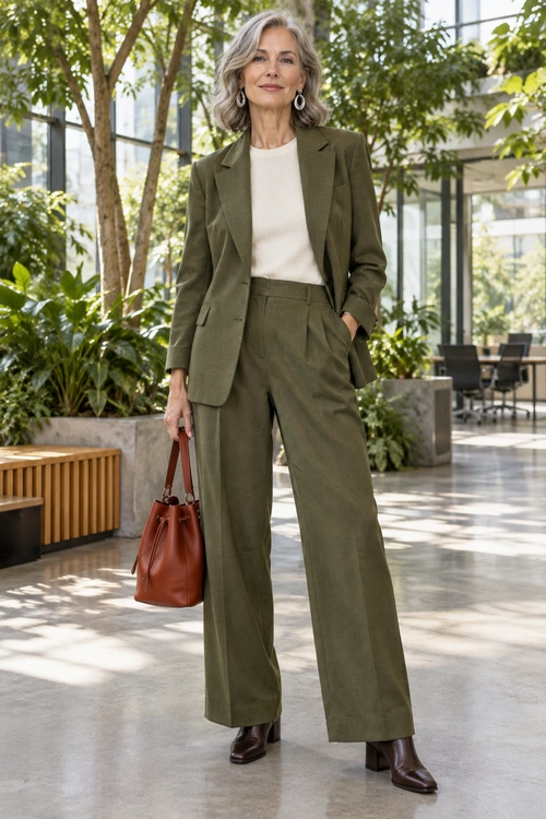An olive blazer and wide-leg trousers are styled with a cream top, brown handbag, dark brown shoes, and drop earrings.
