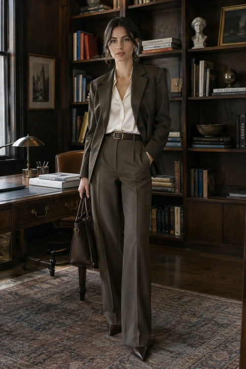 A woman wears an olive-brown tailored blazer and wide-leg trousers with a white blouse, dark belt, pointed heels, and structured handbag.