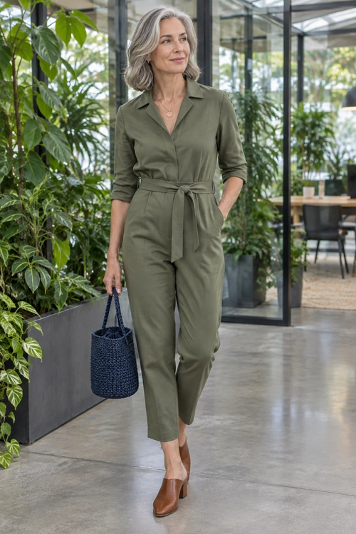 An olive green collared jumpsuit with three-quarter sleeves and a tied waist, styled with brown heels and a navy woven bag.