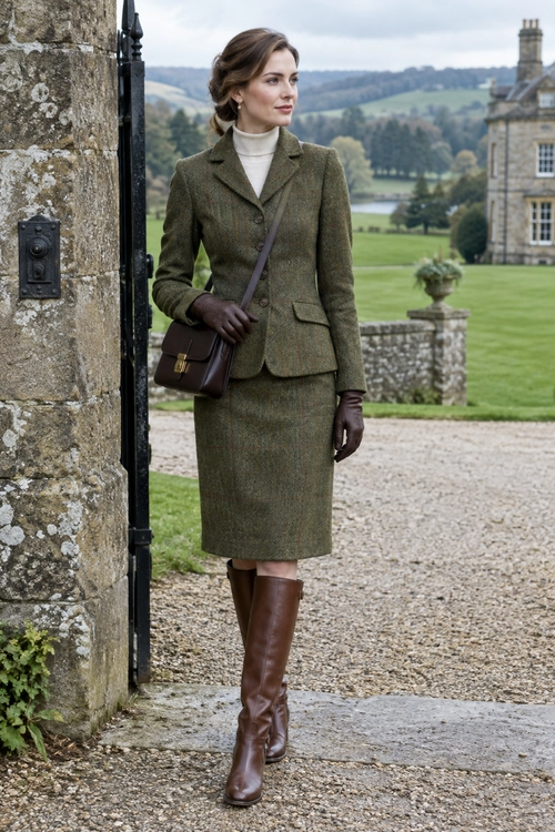 Olive Tweed Country Suit A woman wears an olive tweed blazer and matching knee-length skirt with a cream turtleneck, brown gloves, knee-high boots, and a crossbody bag.